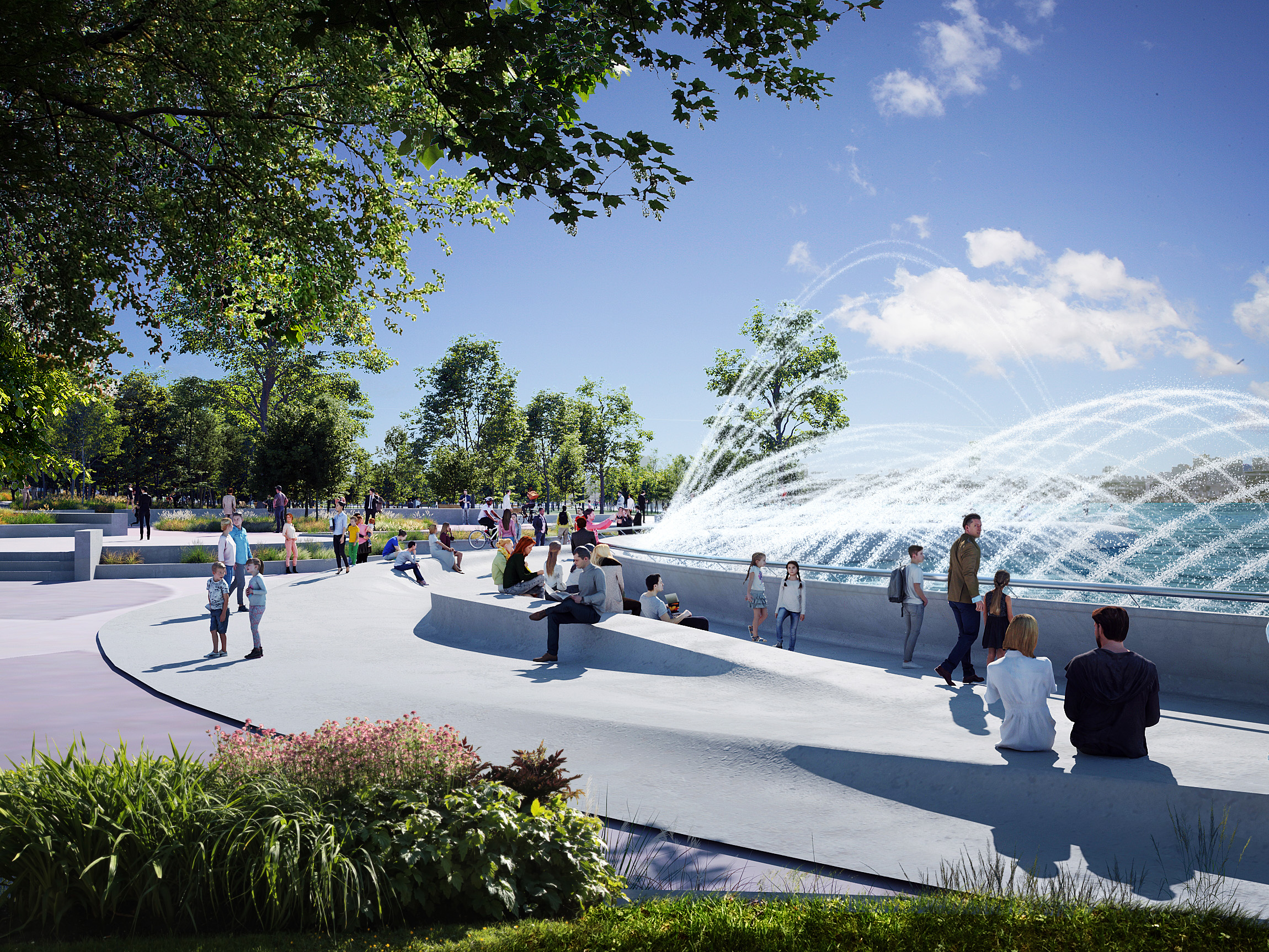 boardwalk fountain rendering daytime