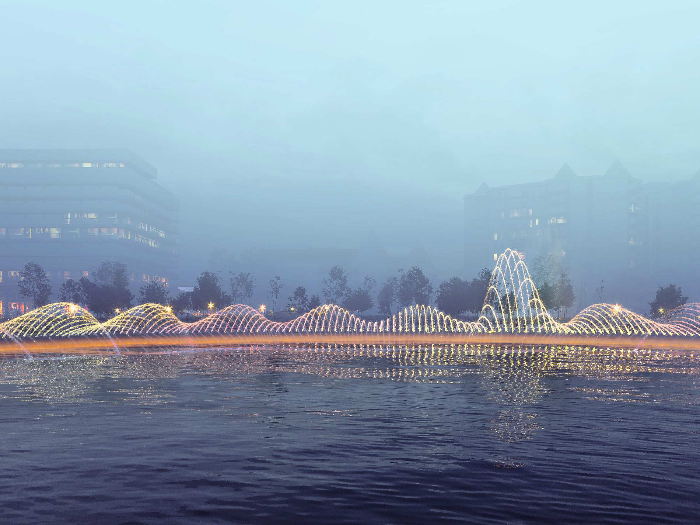 rendering of boardwalk fountain at dusk