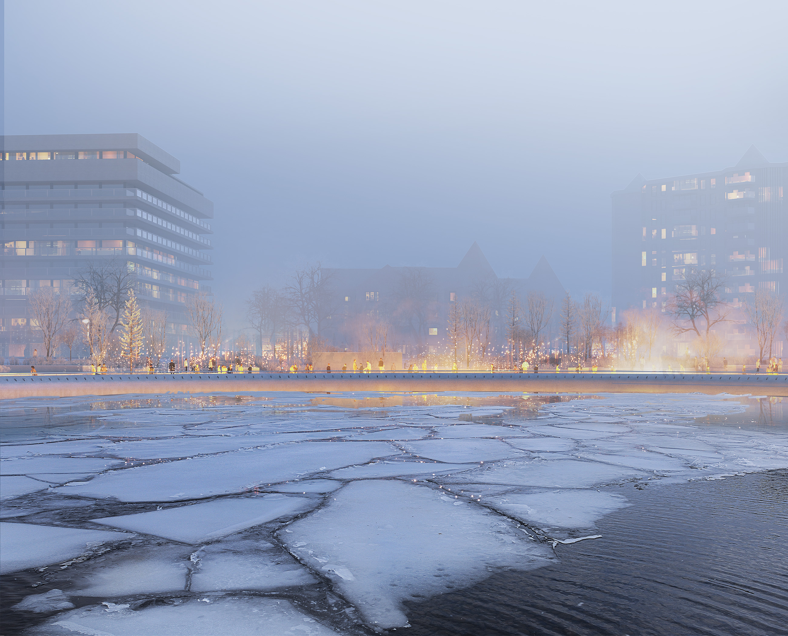 rendering of boardwalk fountain in winter