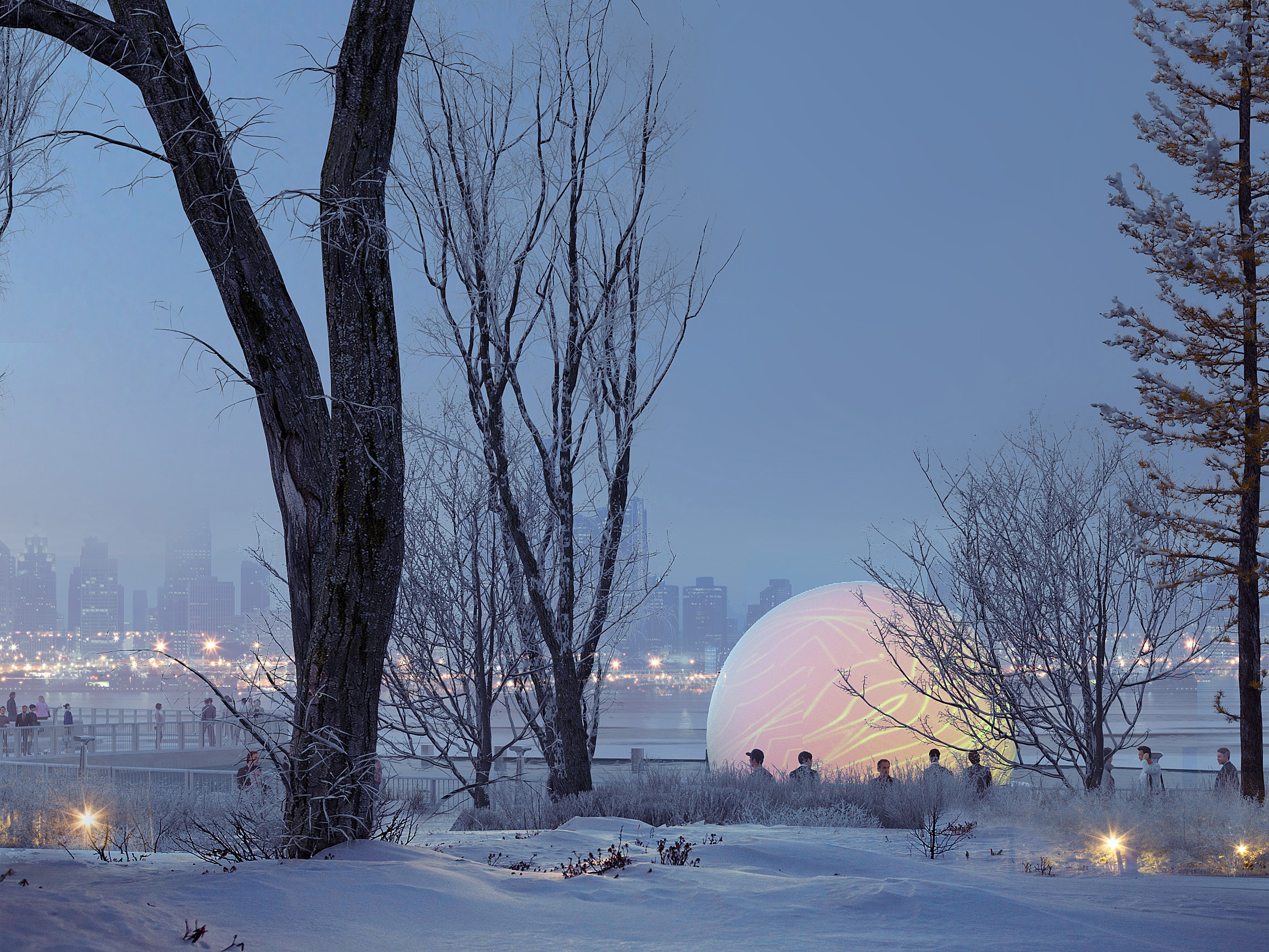 Rendering of floating fountain at dusk in winter