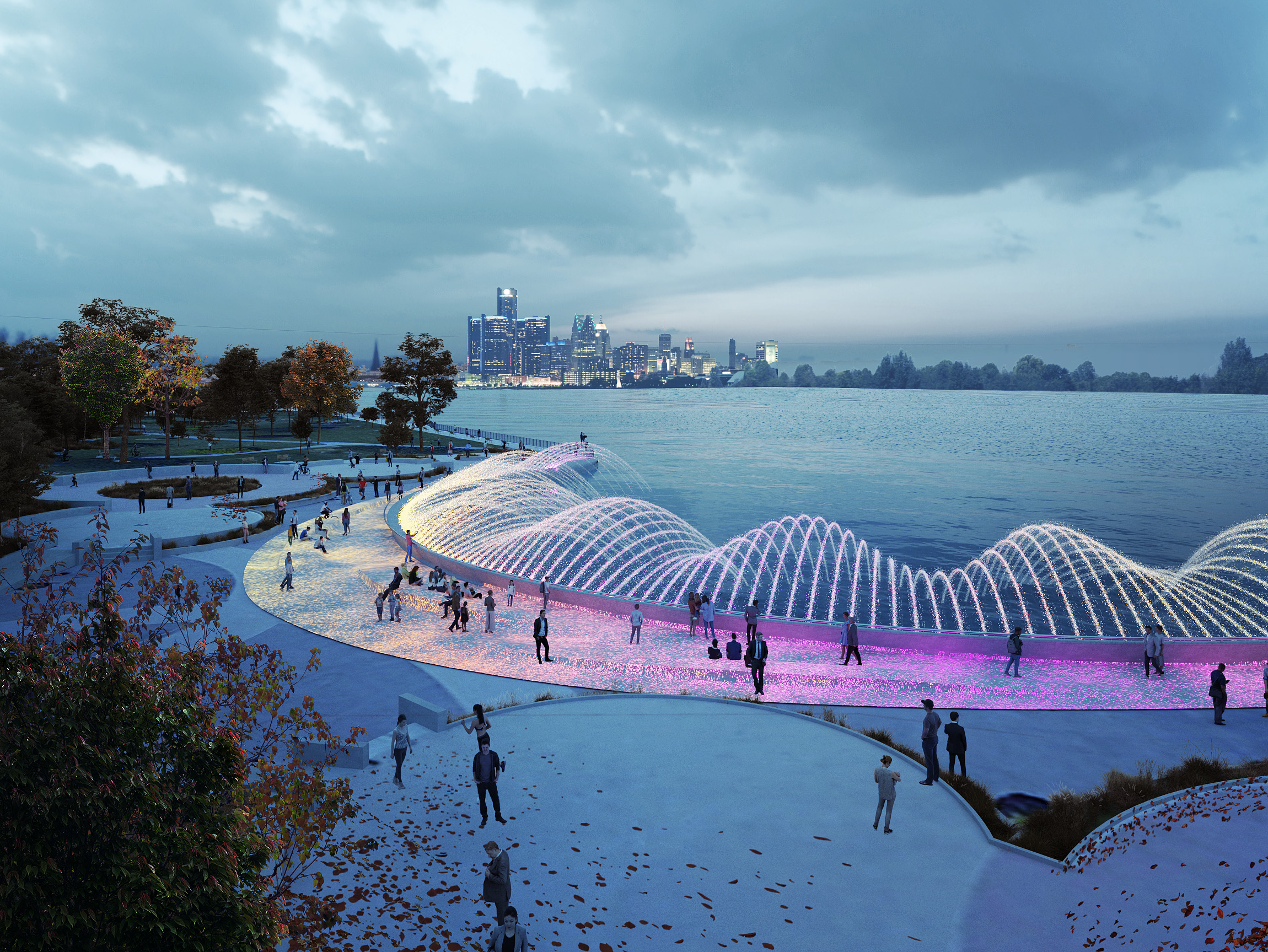 Boardwalk fountain rendering at dusk