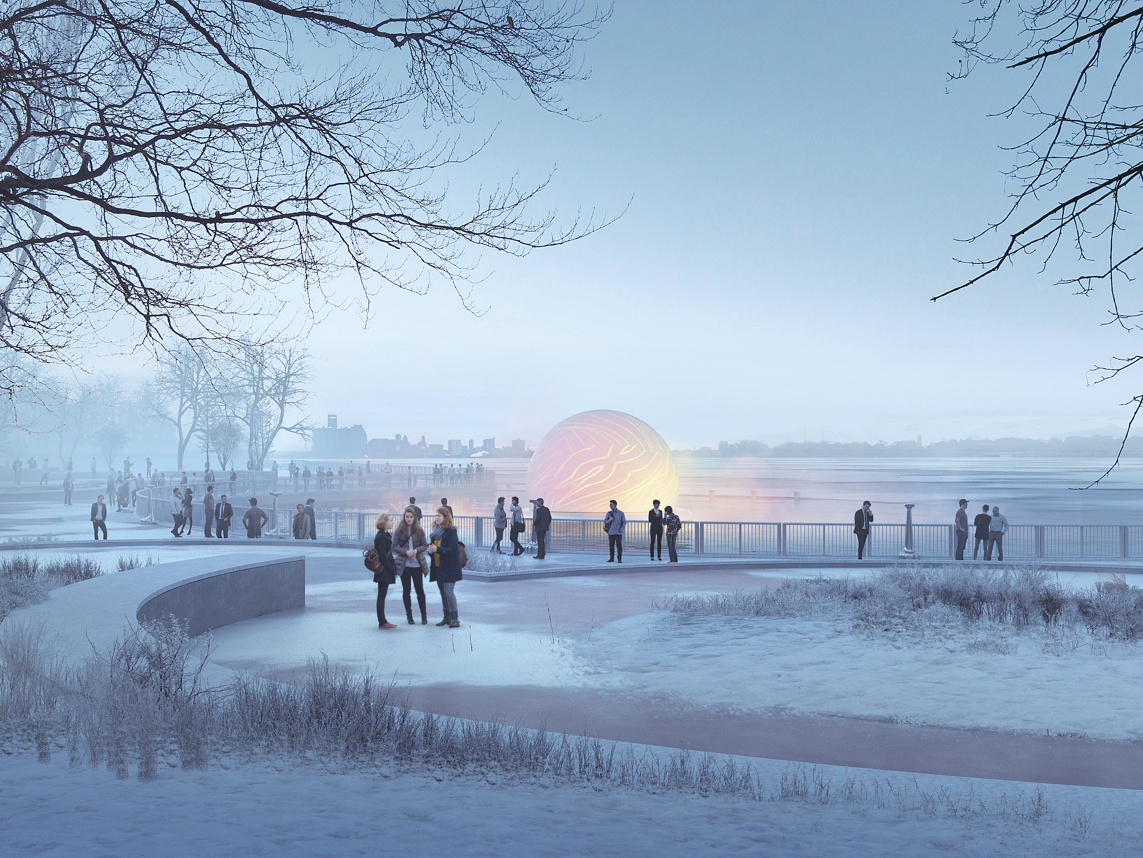 winter render with people standing