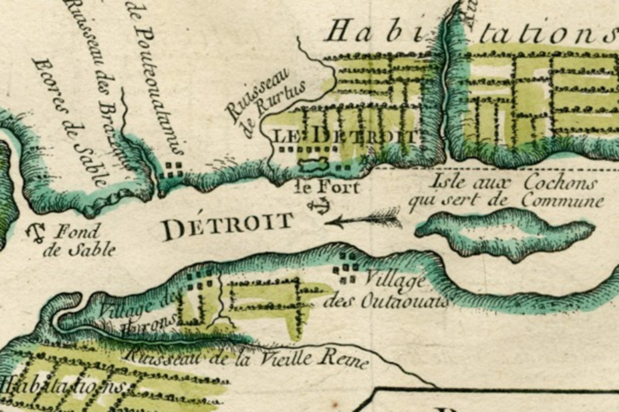 Early map of Detroit River showing settlements on either side of the river