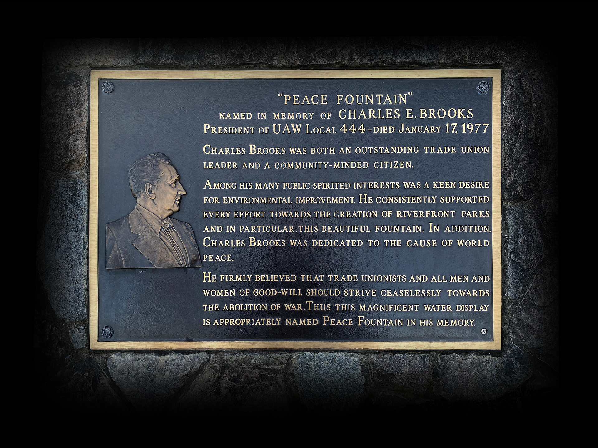 Memorial Plaque for Charles Brooks  at the Peace Fountain.